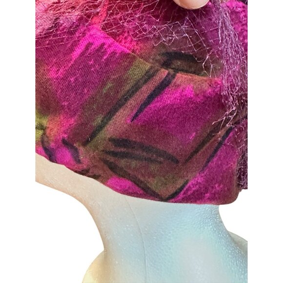 Vintage 1960\'s Union Made USA Velvet Cocktail Pillbox Hat Veil Magenta Green main image 7